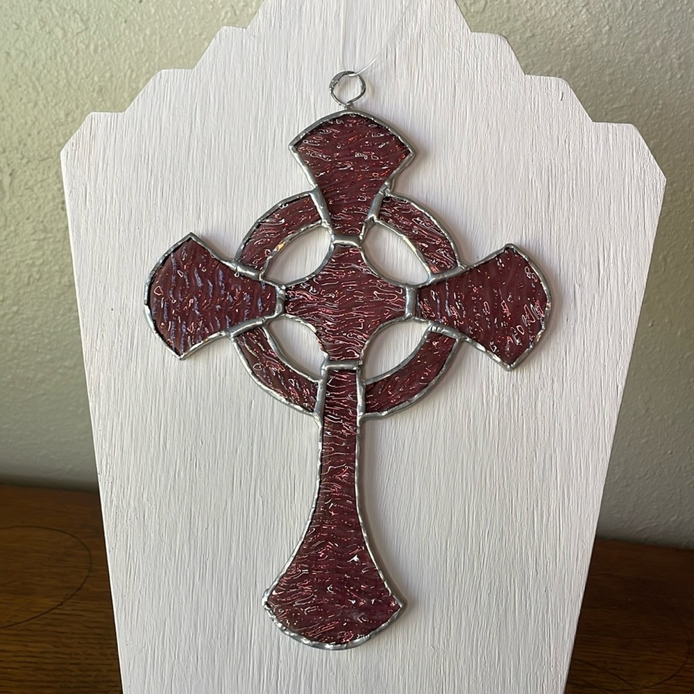 Hand crafted rose pink leaded glass Celtic Cross window hanger.